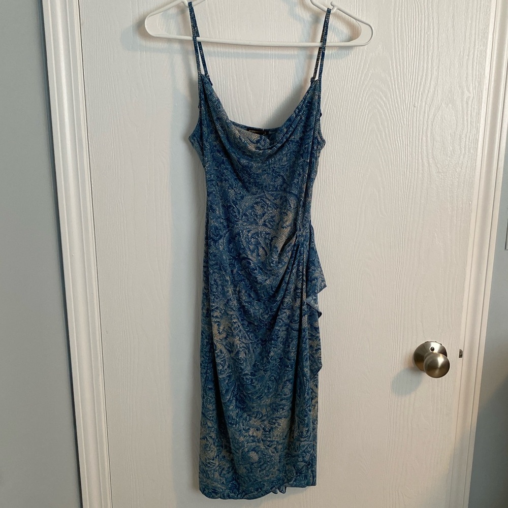 BCBG MAXAZRIA women’s small blue sleeveless spaghetti strap wrap midi dress